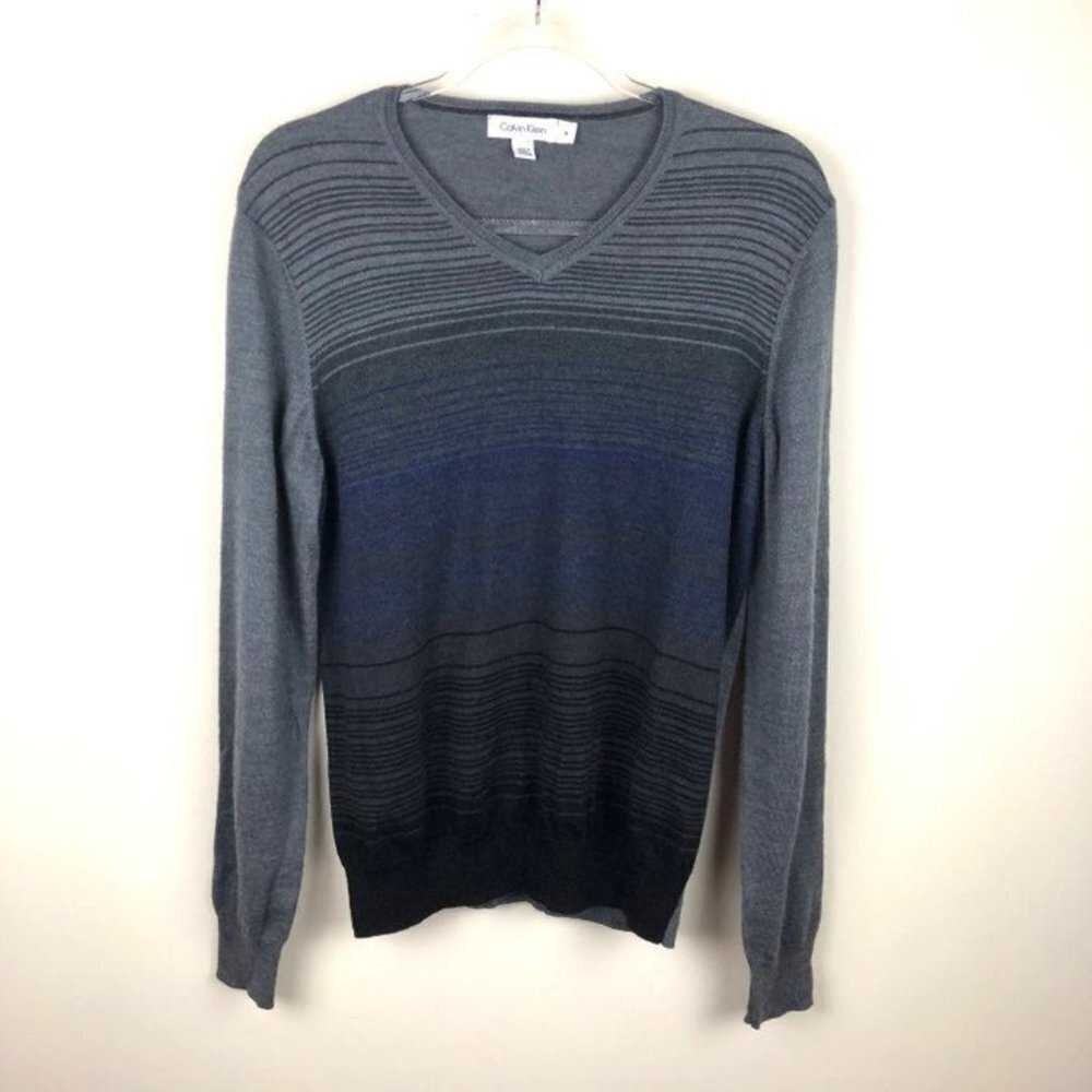 Calvin Klein Grey Blue Striped V-Neck Sweater Medium